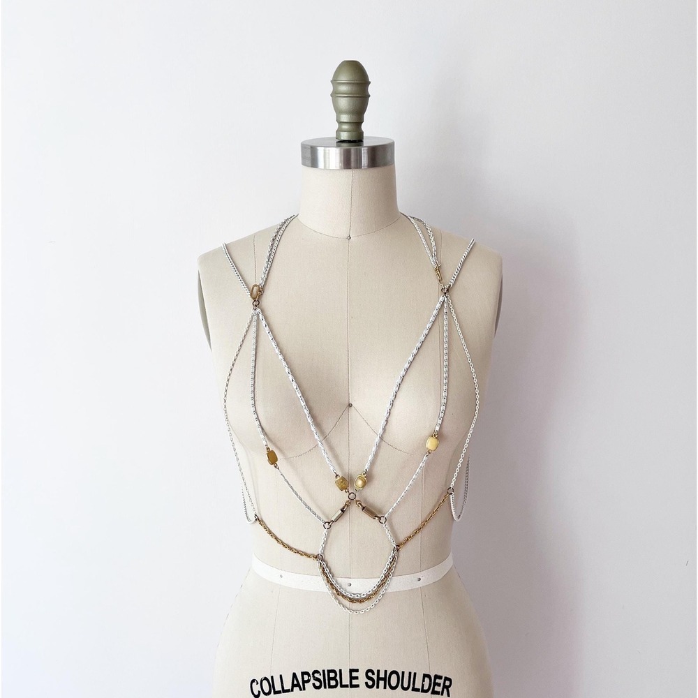 Upcycled Vintage Body Chain White Gold Mixed Metal Draped Statement Jewelry